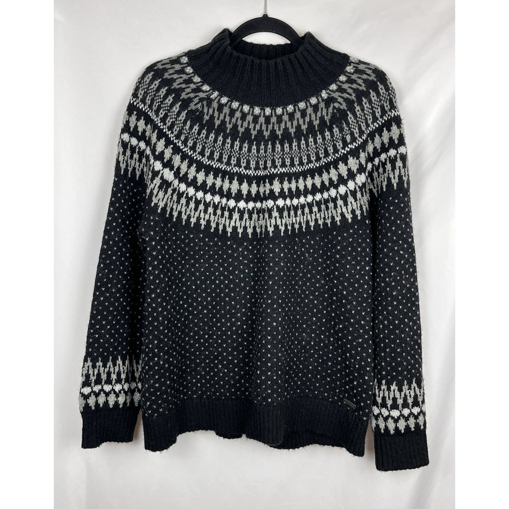 Eddie Bauer Womens L Fair Isle Wool Mohair Blend Sweater Gray Black Grandpa Chic
